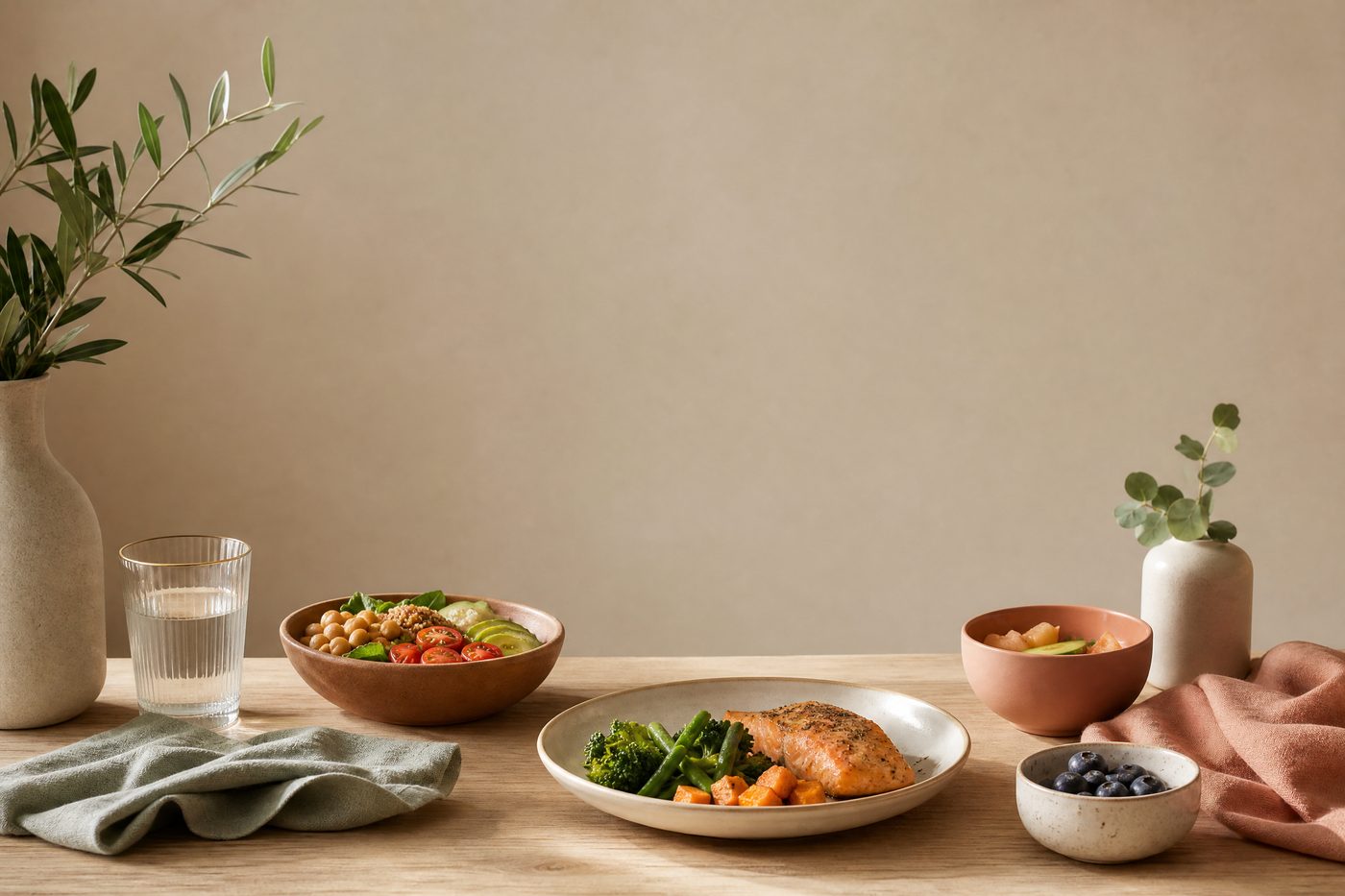 Portada del plan: salmón con brócoli, bowl de garbanzos, ensalada y arándanos — comida real de SIN MIEDO.
